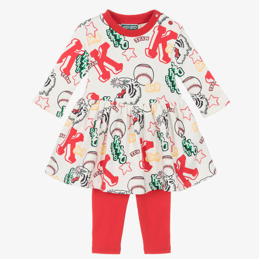 KENZO KIDS-طقم فستان قطن جيرسي لون أبيض وأحمر | Childrensalon Outlet
