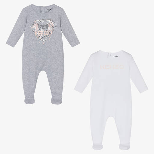KENZO KIDS-Grey & White Elephant Logo Babygrows (2 Pack) | Childrensalon Outlet