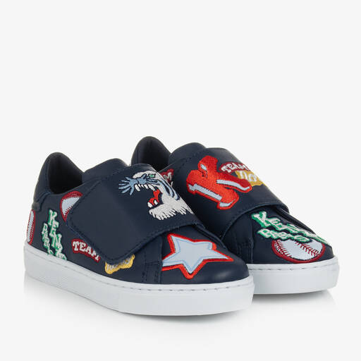 KENZO KIDS-Navy Blue Leather Velcro Trainers | Childrensalon Outlet