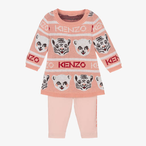 KENZO KIDS-طقم ليغنغز وكنزة قطن لون زهري للمولودات | Childrensalon Outlet