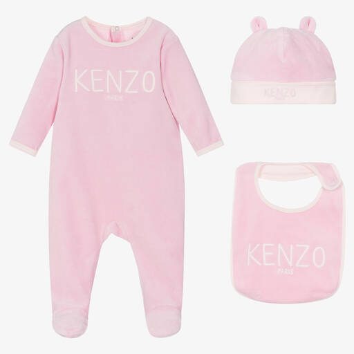 KENZO KIDS-Pink Velour Embroidered Babysuit Set | Childrensalon Outlet