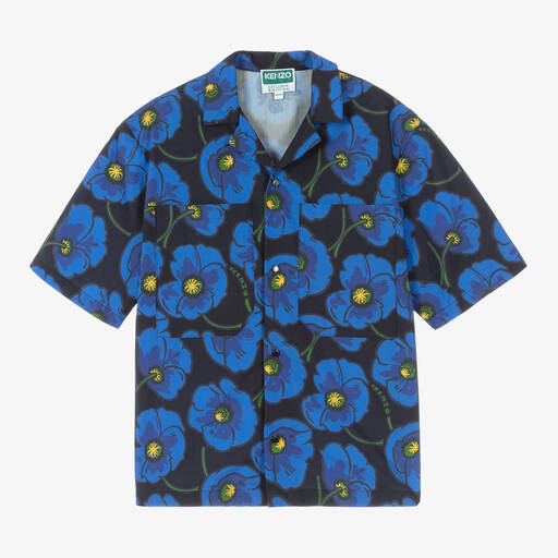 KENZO KIDS-Teen Boys Blue Cotton Poppy Logo Shirt | Childrensalon Outlet