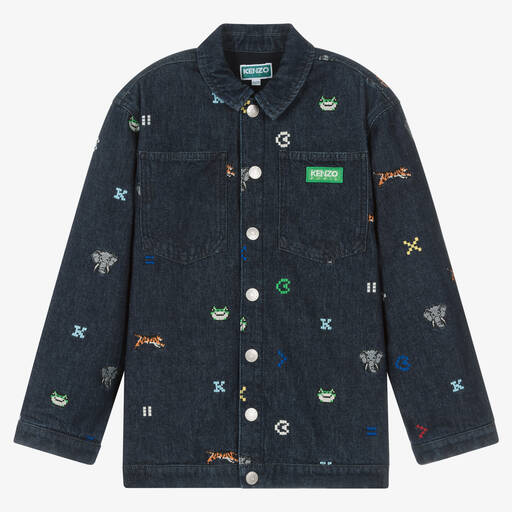 KENZO KIDS-جاكيت قطن دنيم مطرز لون أزرق داكن تينز ولادي | Childrensalon Outlet