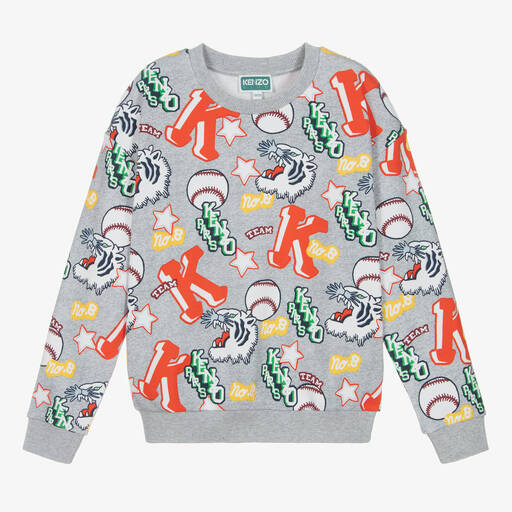 KENZO KIDS-Teen Boys Grey Varsity Tiger Sweatshirt | Childrensalon Outlet