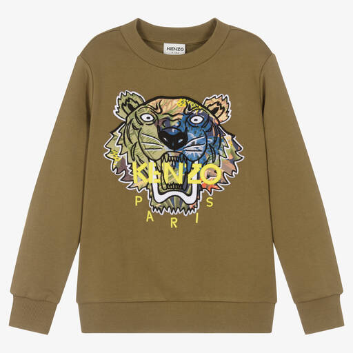 KENZO KIDS-سويتشيرت تينز ولادي قطن لون أخضر كاكي | Childrensalon Outlet