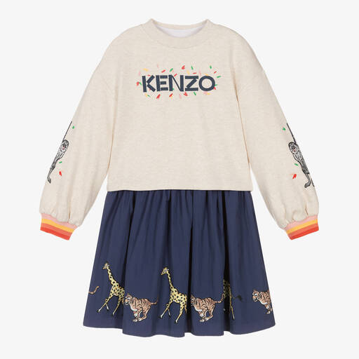 KENZO KIDS-طقم فستان وسويشيرت تينز بناتي قطن لون كحلي وبيج | Childrensalon Outlet