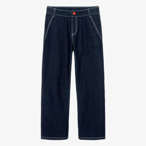 KENZO KIDS-جينز بأرجل واسعة قطن دنيم لون أزرق نيلي | Childrensalon Outlet