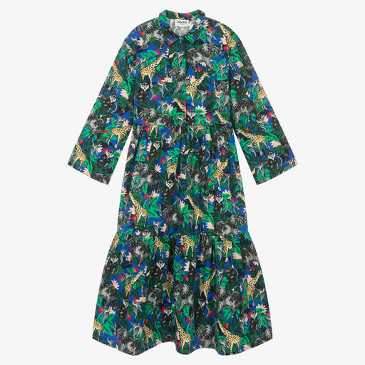 KENZO KIDS-فستان ماكسي تينز بناتي تويل لون أزرق وأخضر | Childrensalon Outlet