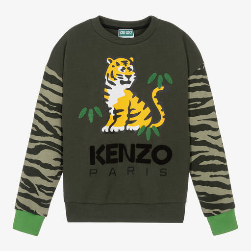KENZO KIDS-سويتشيرت تينز ولادي قطن لون أخضر كاكي | Childrensalon Outlet