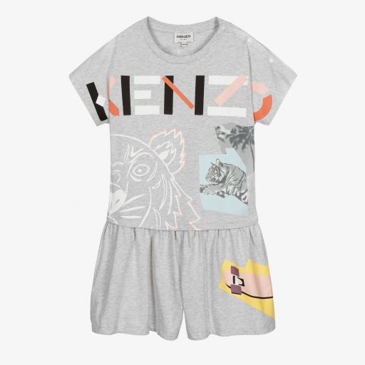 KENZO KIDS-Teen Grey Tiger Logo Playsuit | Childrensalon Outlet