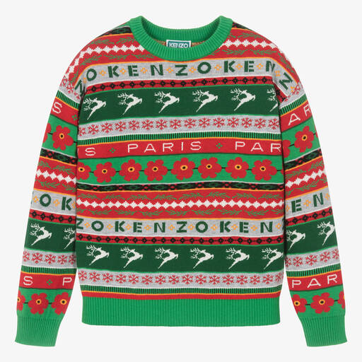 KENZO KIDS-Teen Red & Green Festive Cotton Knit Jumper | Childrensalon Outlet