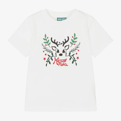 KENZO KIDS-Белая хлопковая футболка с новогодним оленем | Childrensalon Outlet
