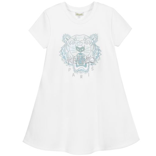 KENZO KIDS-فستان قطن جيرسي لون أبيض بطبعة نمر | Childrensalon Outlet