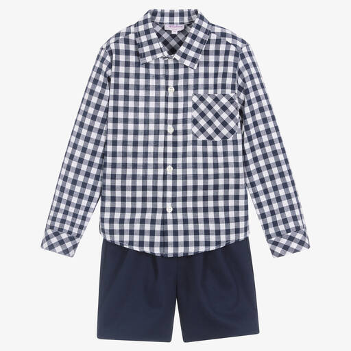 Kidiwi-Boys Blue Gingham Cotton Shorts Set | Childrensalon Outlet