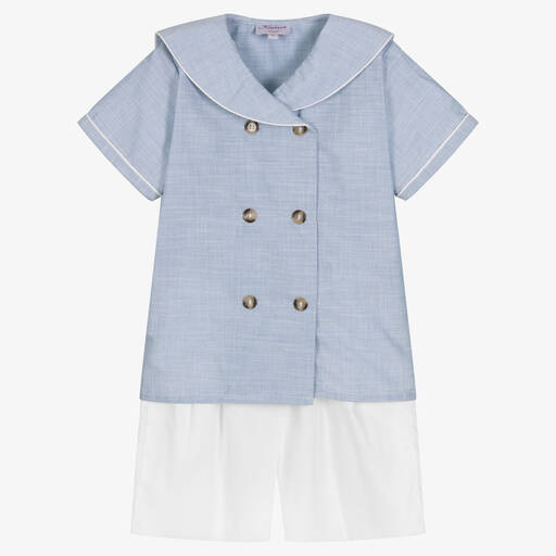 Kidiwi-Boys Blue & White Cotton Shorts Set | Childrensalon Outlet