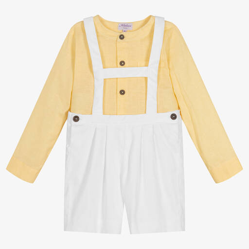 Kidiwi-طقم شورت وقميص قطن وكتان لون أبيض وأصفر | Childrensalon Outlet