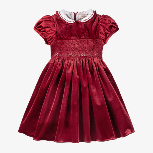 Kidiwi-فستان تطريز سموك مخمل لون أحمر | Childrensalon Outlet