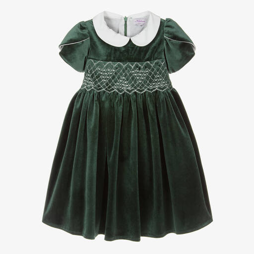 Kidiwi-Girls Green Velvet Smocked Dress | Childrensalon Outlet