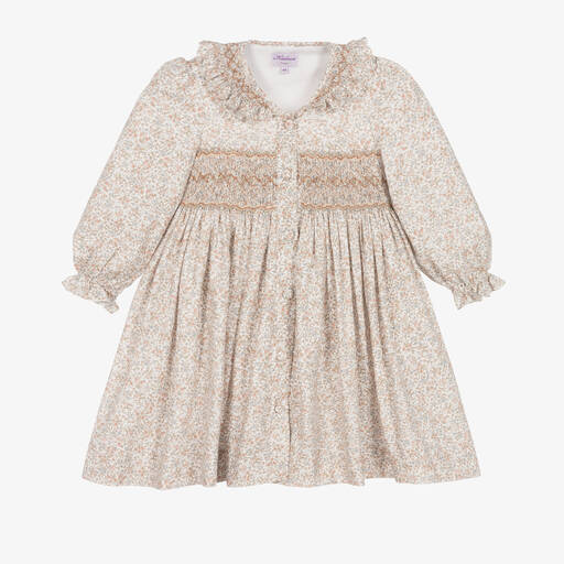 Kidiwi-Girls Ivory Cotton Smocked Floral Dress | Childrensalon Outlet