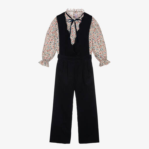 Kidiwi-Girls Navy Blue & Ivory Dungaree Set | Childrensalon Outlet