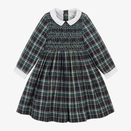 Kidiwi-فستان تارتان تطريز سموك لون أزرق و أخضر | Childrensalon Outlet