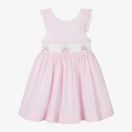 Kidiwi-Girls Pink & White Cotton Smocked Dress | Childrensalon Outlet