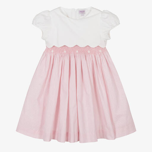 Kidiwi-Girls Pink & White Smocked Cotton Dress  | Childrensalon Outlet