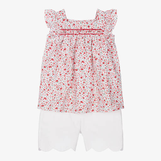 Kidiwi-Girls Red Cotton Floral Shorts Set | Childrensalon Outlet