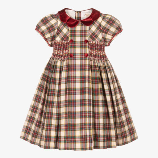 Kidiwi-فستان تارتان تطريز سموك قطن لون أحمر | Childrensalon Outlet