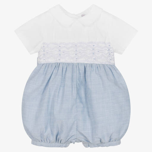 Kidiwi-White & Blue Baby Smocked Shortie  | Childrensalon Outlet