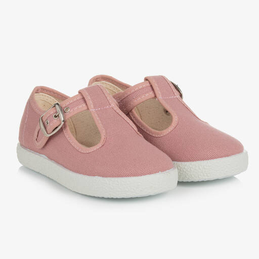 KIKU-Pink Canvas T-Bar Shoes | Childrensalon Outlet