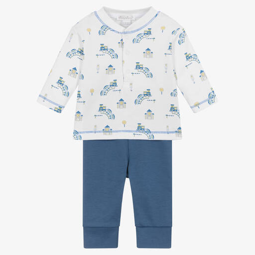 Kissy Kissy-Белый топ с паровозиками и синие штанишки | Childrensalon Outlet