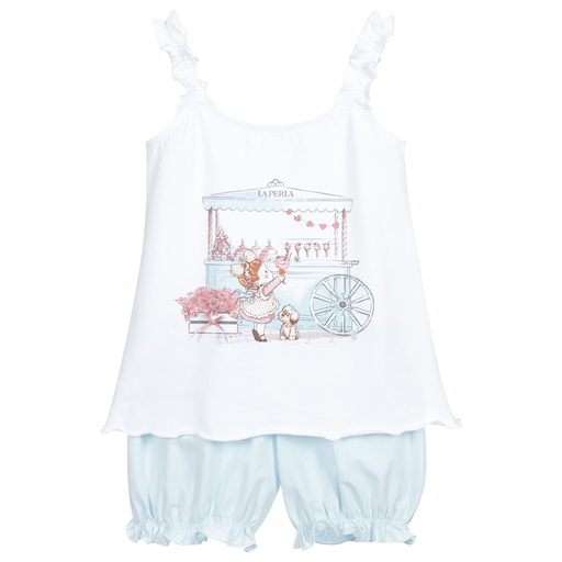 La Perla-بيجاما شورت قطن حيرسي لون أزرق وأبيض للبنات | Childrensalon Outlet