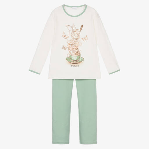 La Perla-بيجاما قطن جيرسي لون أبيض وأخضر للبنات | Childrensalon Outlet
