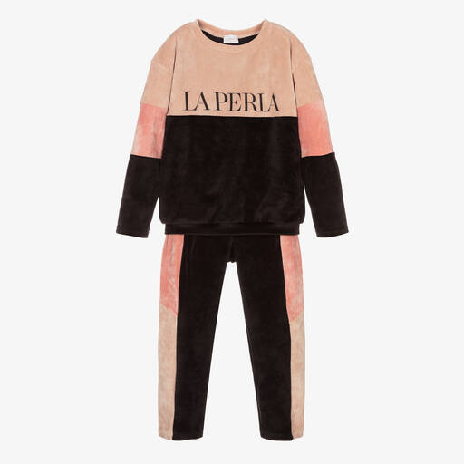 La Perla-تراكسوت قطيفة لون زهري وأسود للبنات | Childrensalon Outlet