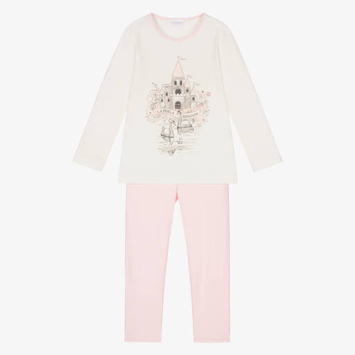 La Perla-بيجاما قطن جيرسي لون زهري وعاجي للبنات | Childrensalon Outlet