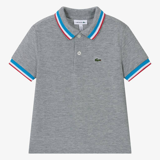 Lacoste-Boys Grey Tricolour Collar Polo Shirt | Childrensalon Outlet