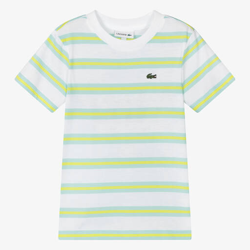 Lacoste-Boys White & Green Striped Cotton T-Shirt | Childrensalon Outlet