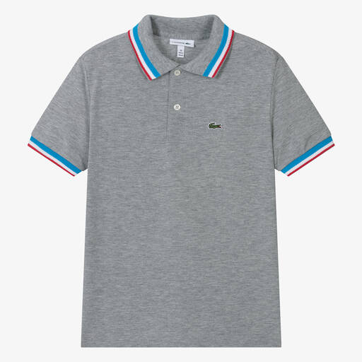 Lacoste-Teen Boys Grey Tricolour Collar Polo Shirt | Childrensalon Outlet