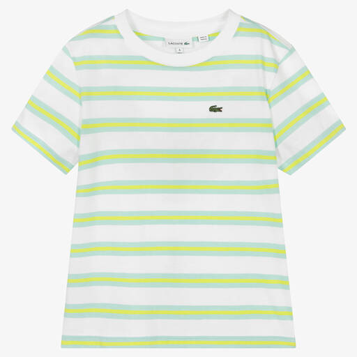 Lacoste-Teen Boys White & Green Striped Cotton T-Shirt | Childrensalon Outlet
