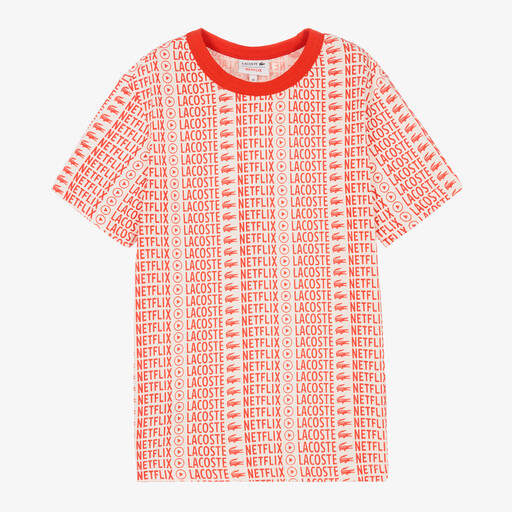 Lacoste-Teen White & Red Cotton Netflix T-Shirt | Childrensalon Outlet