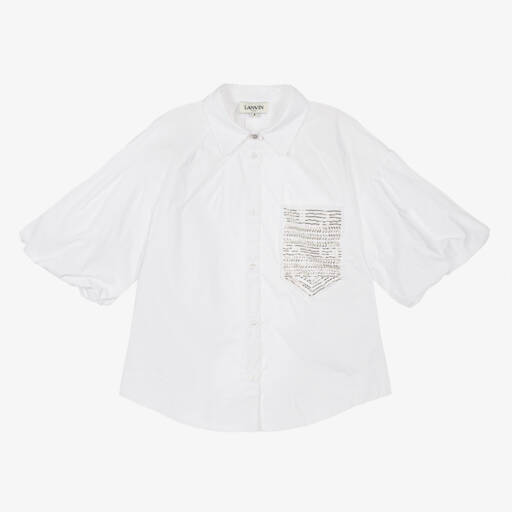 Lanvin-بلوزة بوبلين بيضاء أنيقة للبنات | Childrensalon Outlet