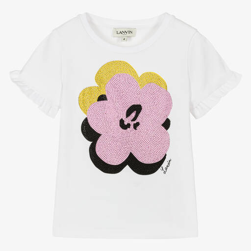 Lanvin-Girls White Daisy Cotton T-Shirt | Childrensalon Outlet