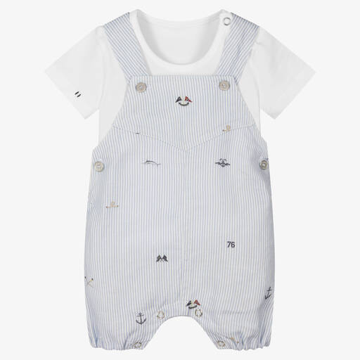 Lapin House-Baby Boys Blue Striped Linen Dungaree Set | Childrensalon Outlet