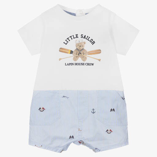 Lapin House-Barboteuse bleue blanche en coton | Childrensalon Outlet