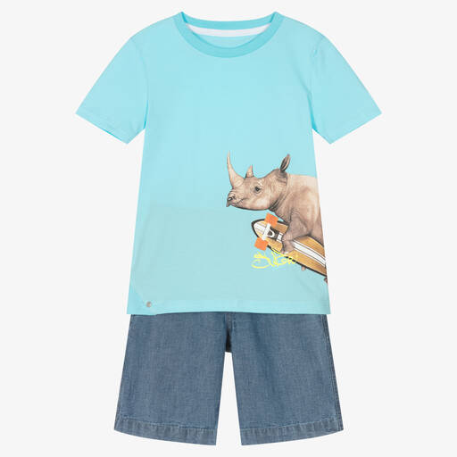 Lapin House-Голубая футболка с носорогом и шорты из шамбре | Childrensalon Outlet
