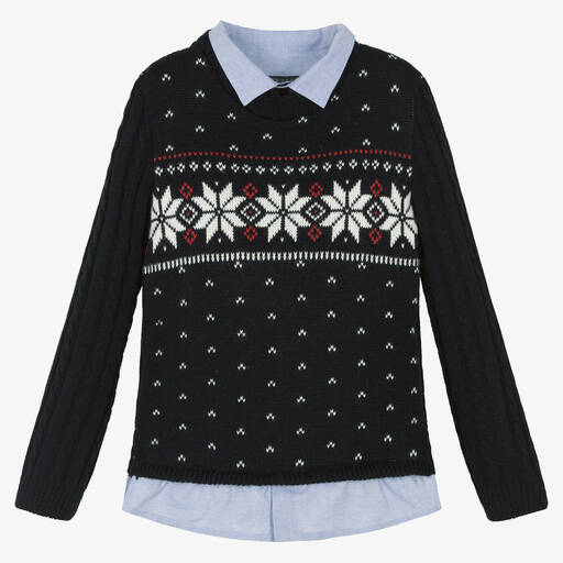 Lapin House-Boys Navy Blue Knitted Fair Isle Sweater | Childrensalon Outlet