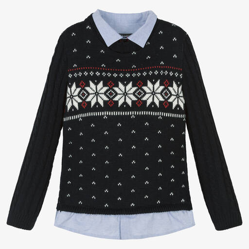 Lapin House-Boys Navy Blue Knitted Fair Isle Sweater | Childrensalon Outlet