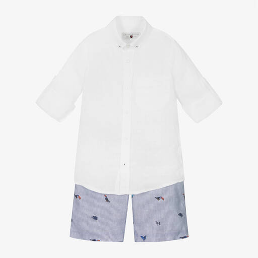 Lapin House-Boys White & Blue Linen Shorts Set  | Childrensalon Outlet