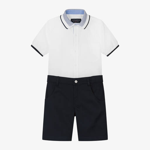 Lapin House-Boys White & Navy Blue Cotton Shorts Set  | Childrensalon Outlet